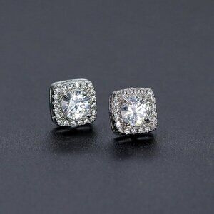 Women's Silver Square Simulated Dainty Diamond Halo Sparkling Stud Earring